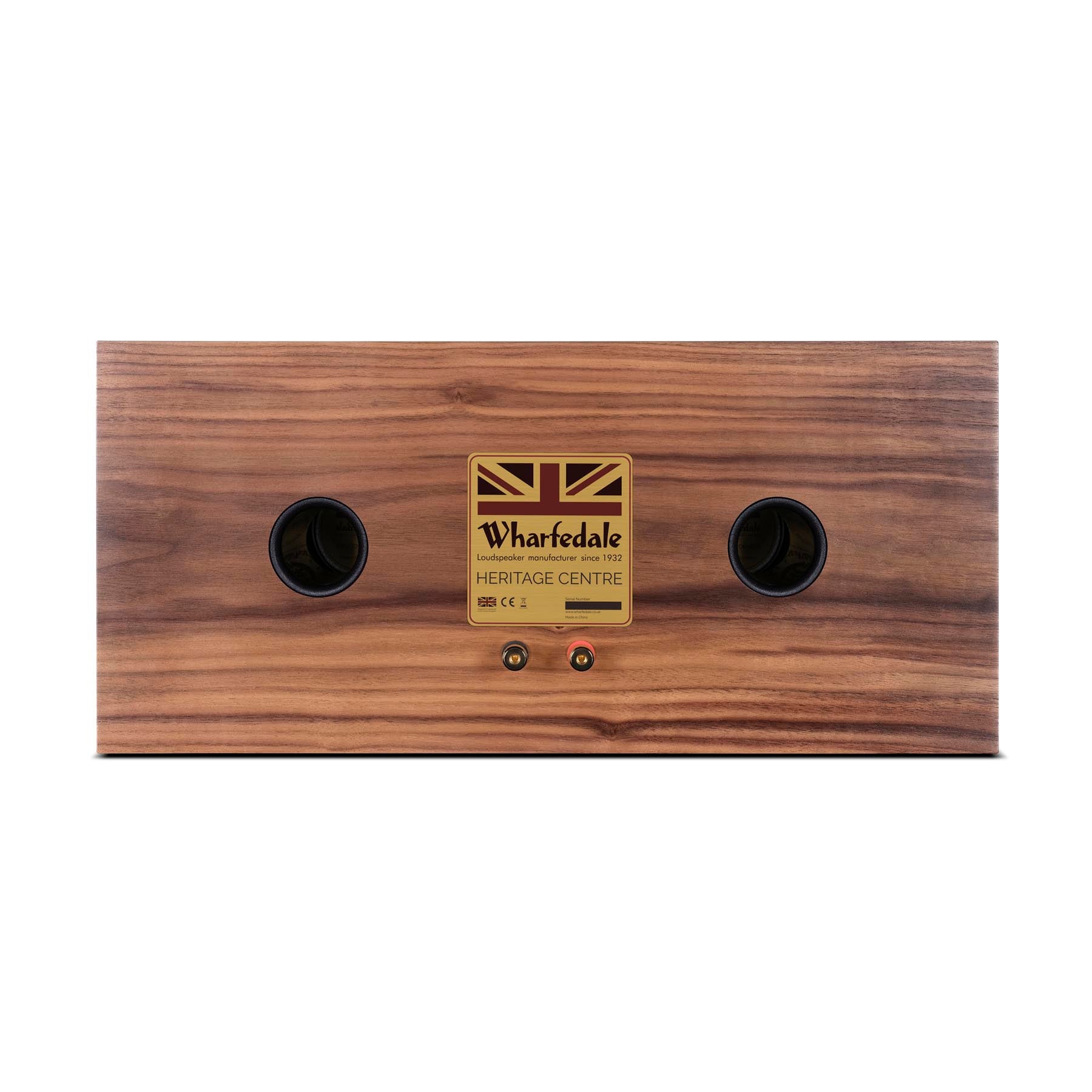 Back view of walnut Wharfedale Heritage Centre Loudspeaker on white background