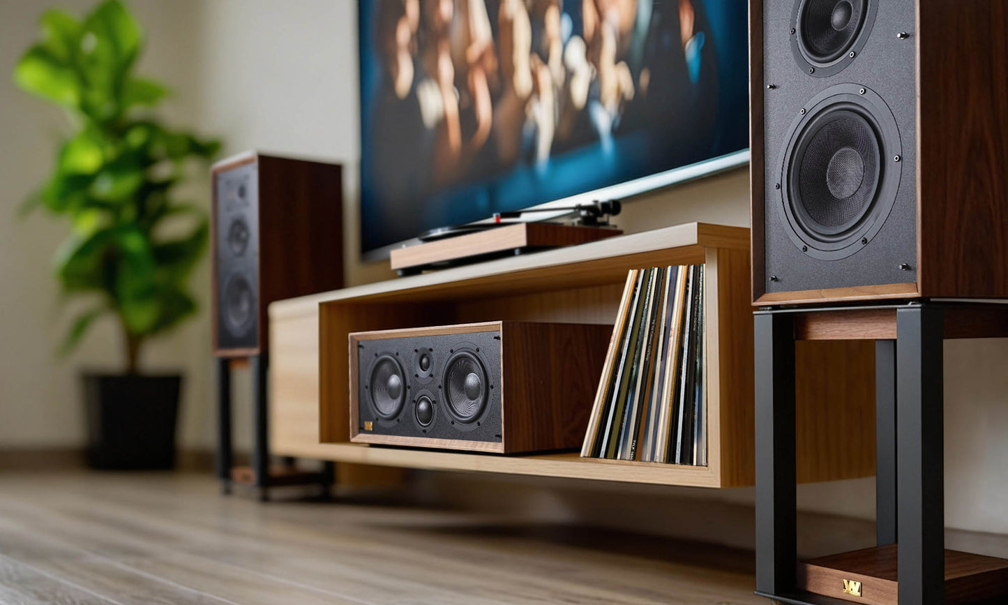 Wooden entertainment console with speakers and a TV in a living room setting.