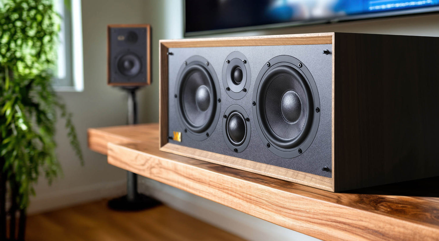 Walnut Wharfedale Heritage Centre Loudspeaker sitting on timber shelf