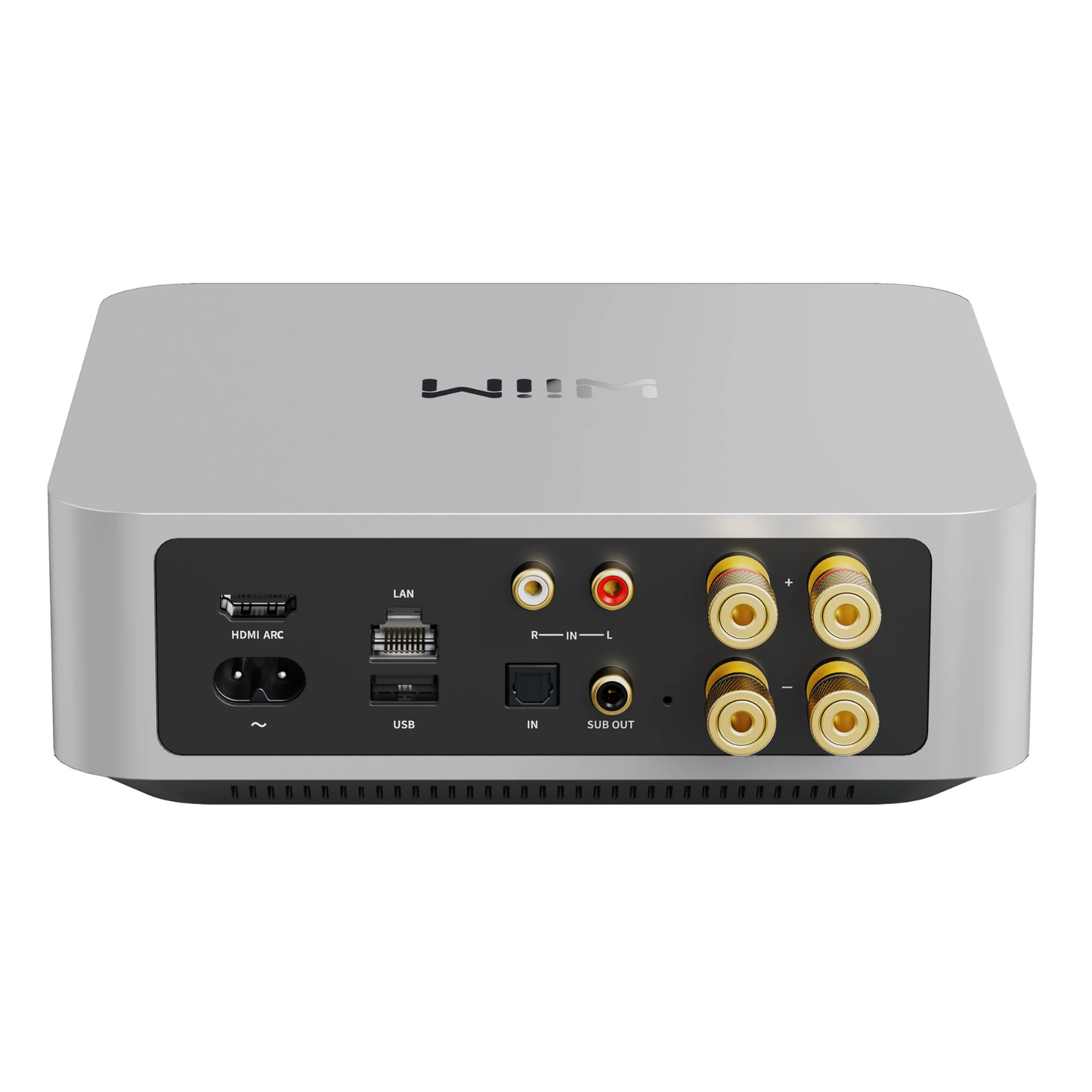 Back view of silver WiiM Amp Streaming Amplifier