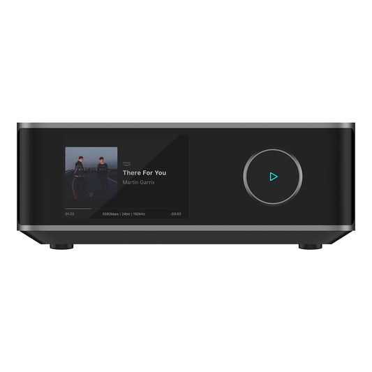 Modern audio device with a display and control buttons on a white background