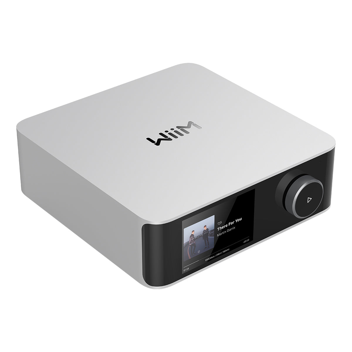 Top angle view of WiiM Amp Ultra Streaming Amplifier in silver on white background