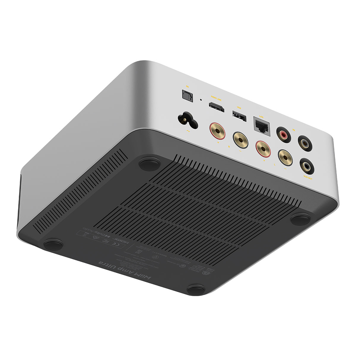 Bottom view of WiiM Amp Ultra Streaming Amplifier in silver on white background