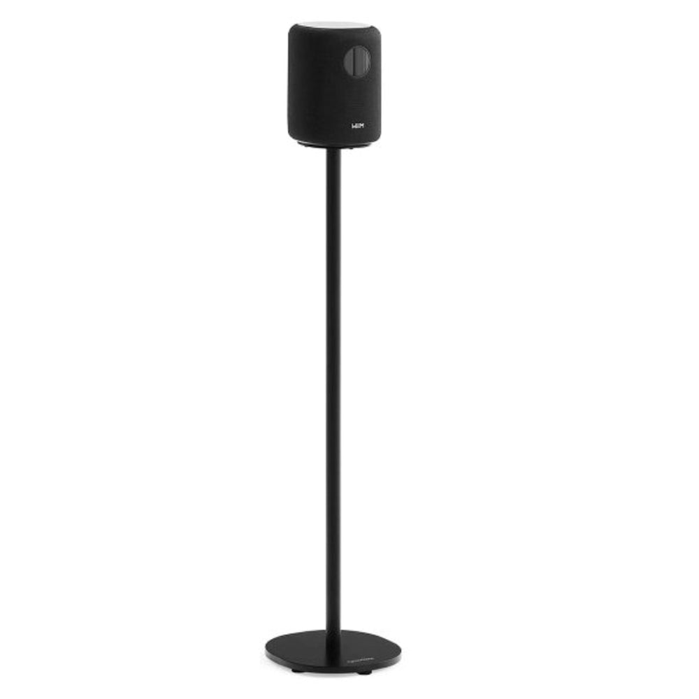 WiiM Sound Smart Speaker Floor Stand by Norstone - shown in black on white background with a speaker (sold separately)