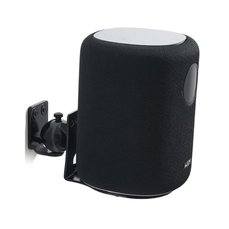 Black WiiM Speaker with wall mount on a white background 
