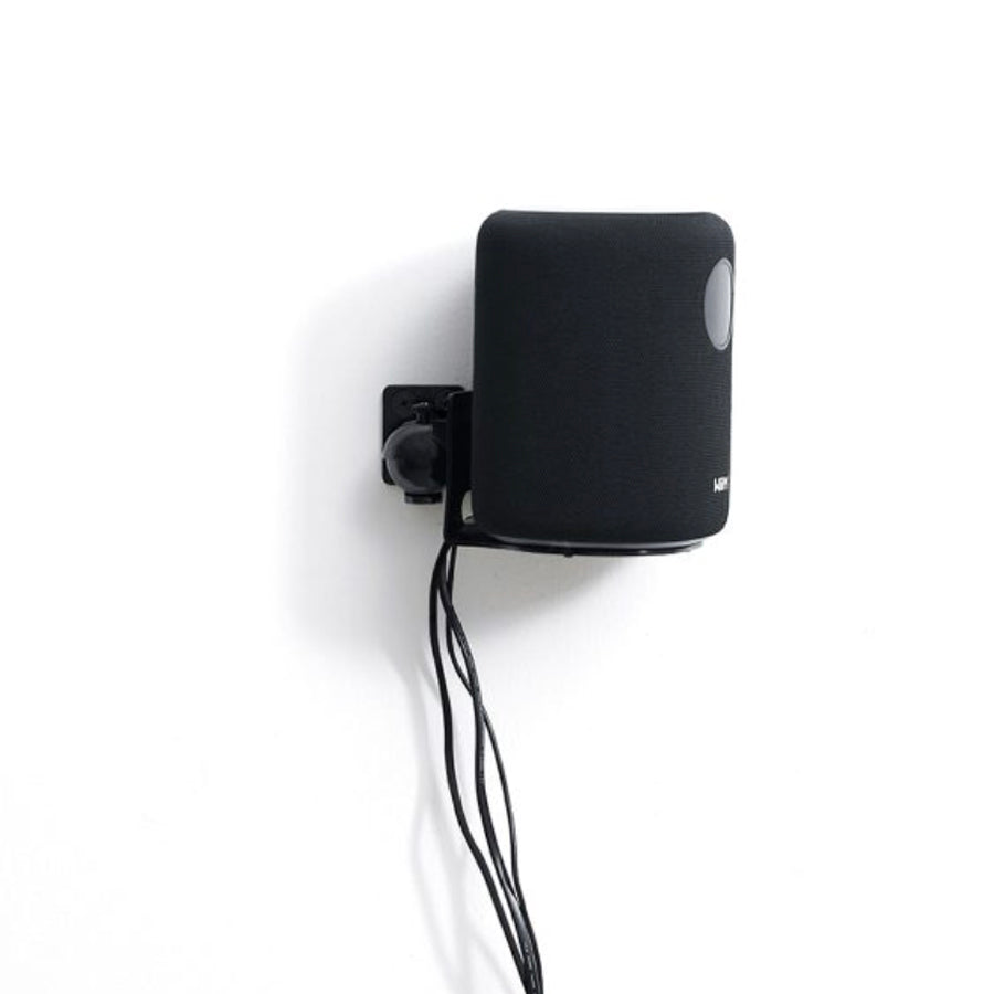 Black wall-mounted with speaker and cables on a white background