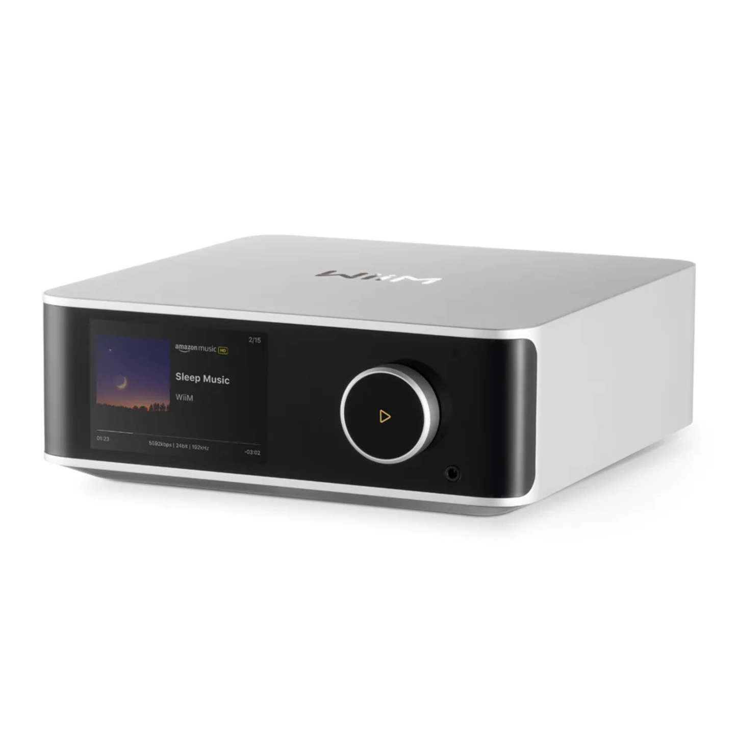 Front angle of silver WiiM Ultra Wireless Audio Streamer