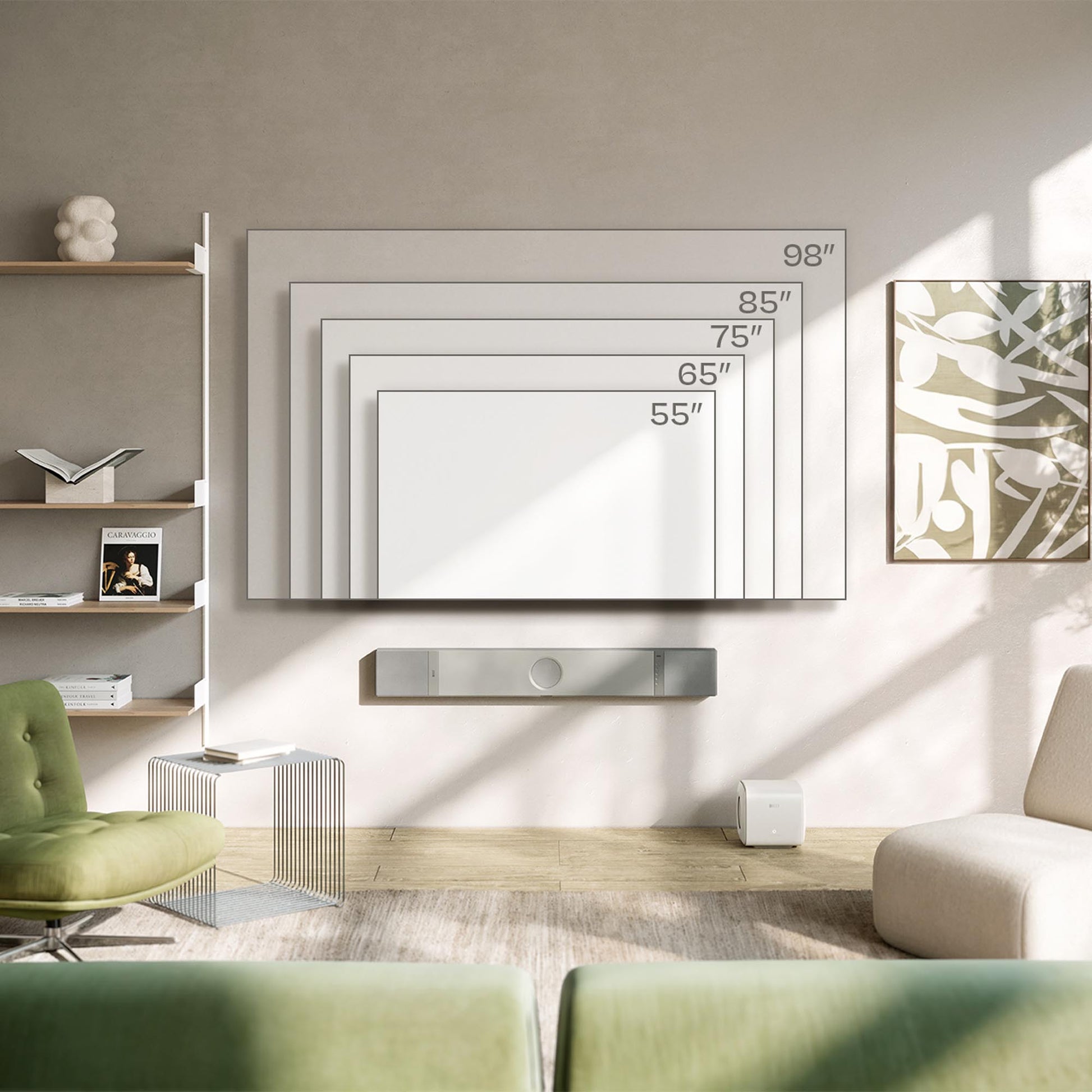 KEF XIO Dolby Atmos Soundbar in Silver Grey - Lifestyle showing different tv sizes against soundbar