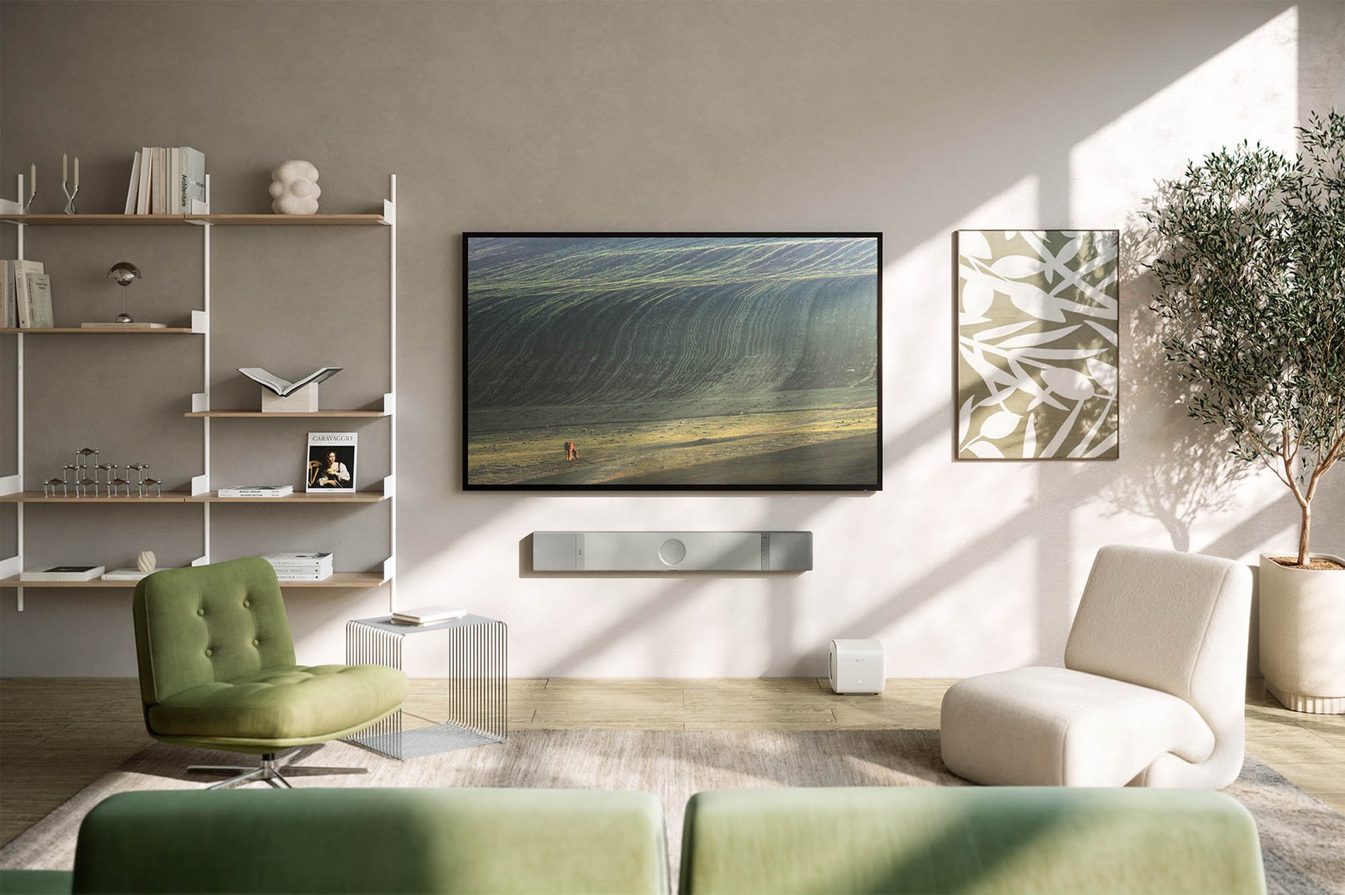 KEF XIO Dolby Atmos Soundbar in Silver Grey - Lifestyle