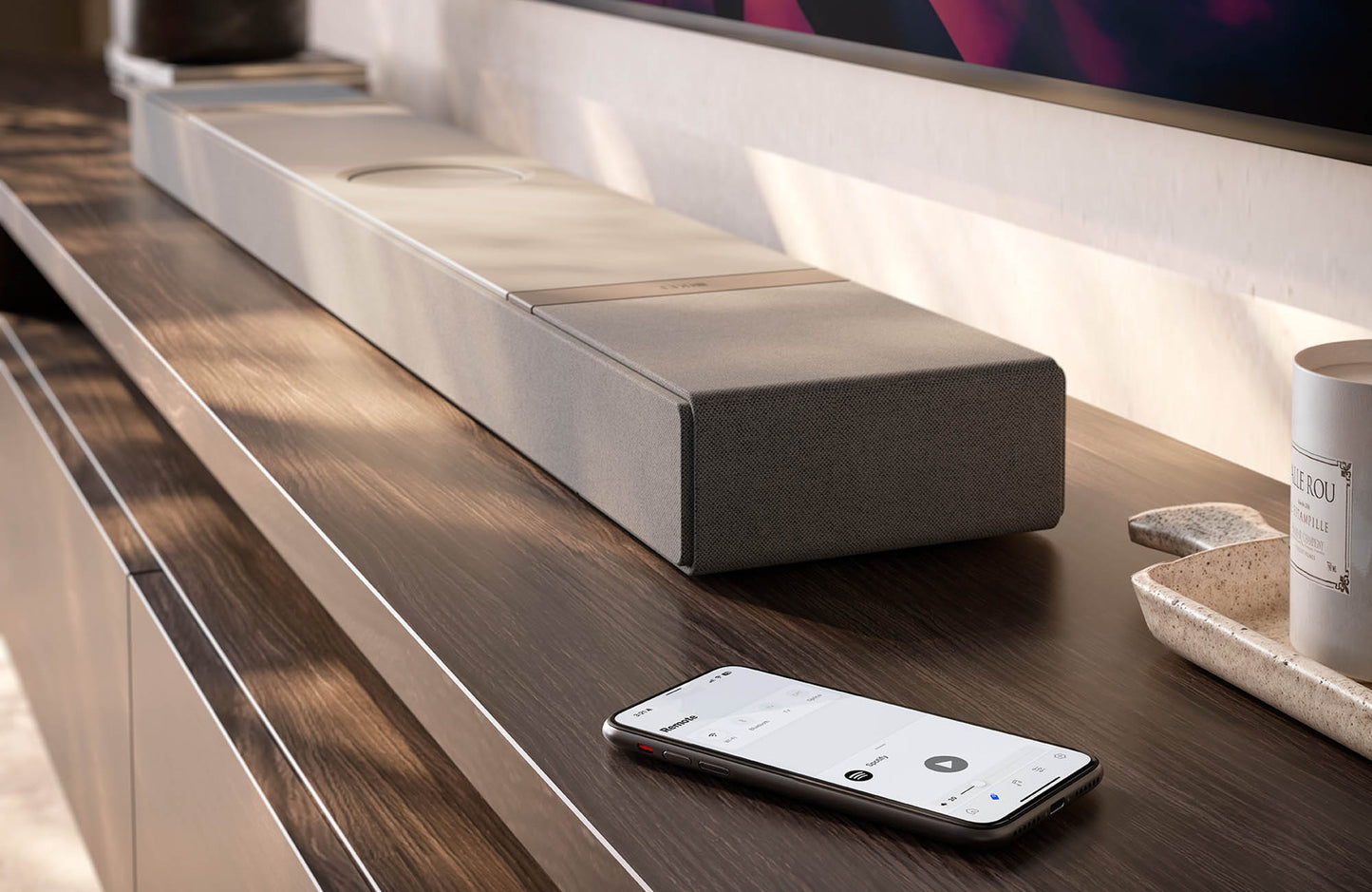 KEF XIO Dolby Atmos Soundbar in Silver Grey - Lifestyle