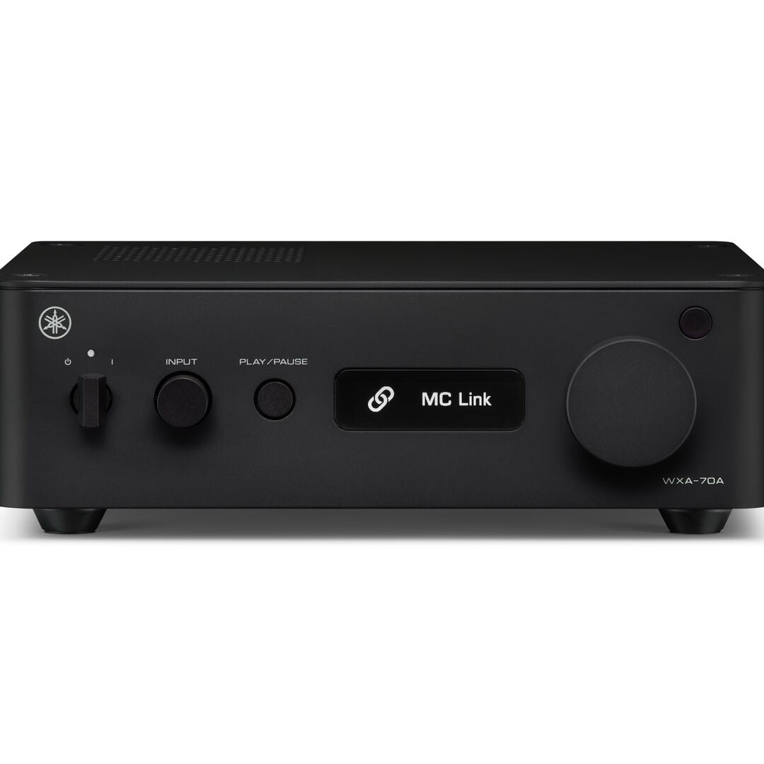 Front view of  black Yamaha WXA-70A Streaming Amplifier on a white background