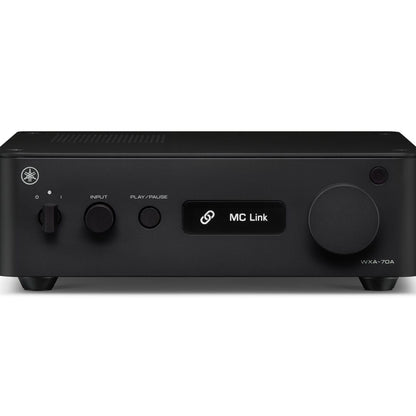 Front view of  black Yamaha WXA-70A Streaming Amplifier on a white background
