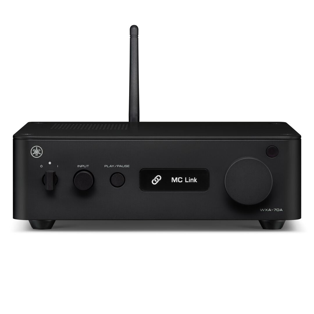 A black Yamaha WXA-70A Streaming Amplifier with antenna up on a white background