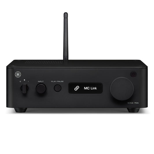 A black Yamaha WXA-70A Streaming Amplifier with antenna up on a white background