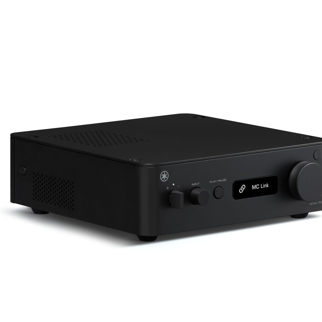 A black Yamaha receiver or audio amplifier with a digital display showing 'MIC Link', set against a plain white background.