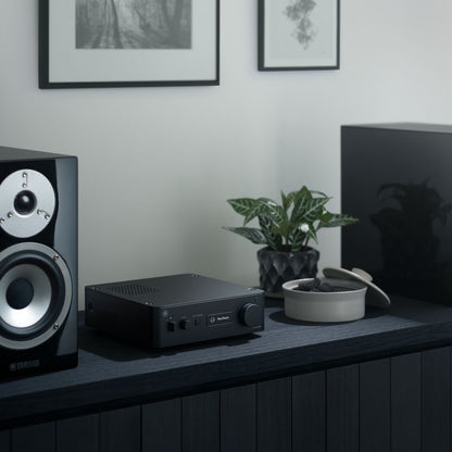 A black audio receiver or amplifier sits on a dark console table next to a speaker, with a small potted plant and a bowl nearby in a styled interior setting.