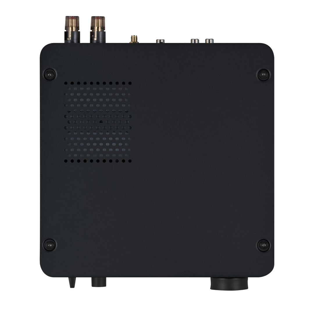 Top view of a black Yamaha WXA-70A Streaming Amplifier on a white background