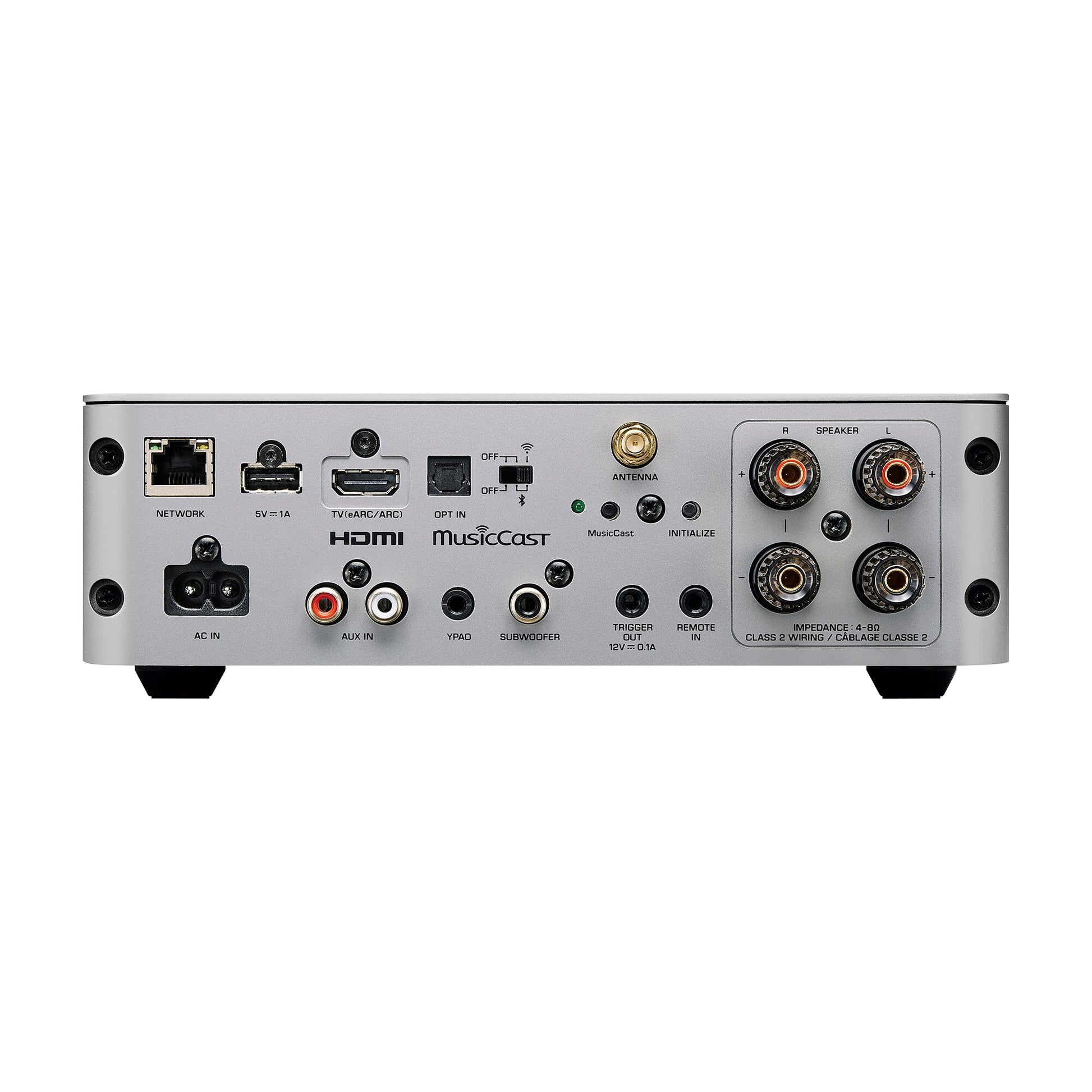 A rear panel of Yamaha WXA-70A Streaming Amplifier in silver