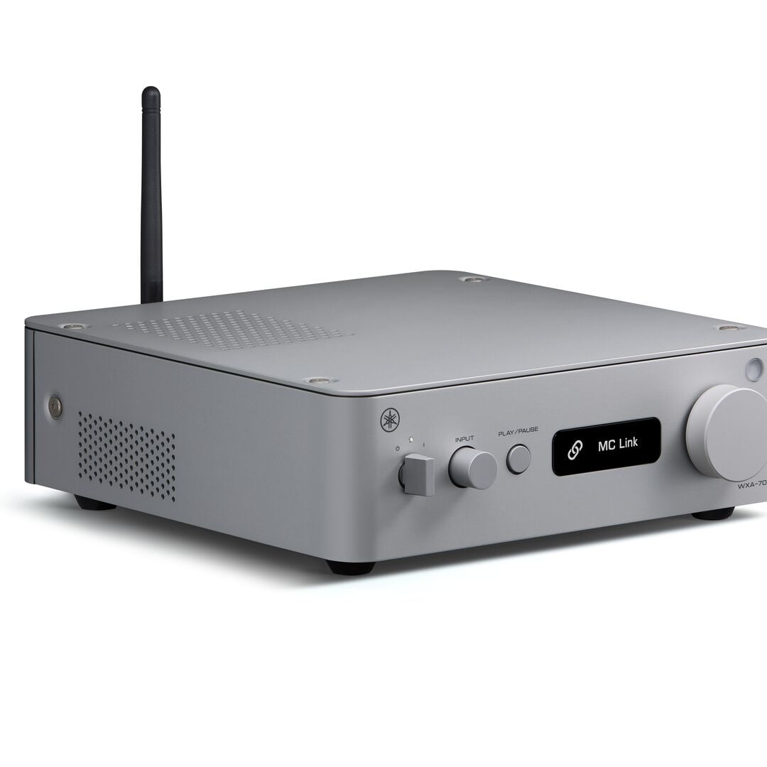 A silver wireless receiver or amplifier with a black antenna, featuring a digital display screen showing 'MC Link' and control knobs on the front, set against a plain white background.