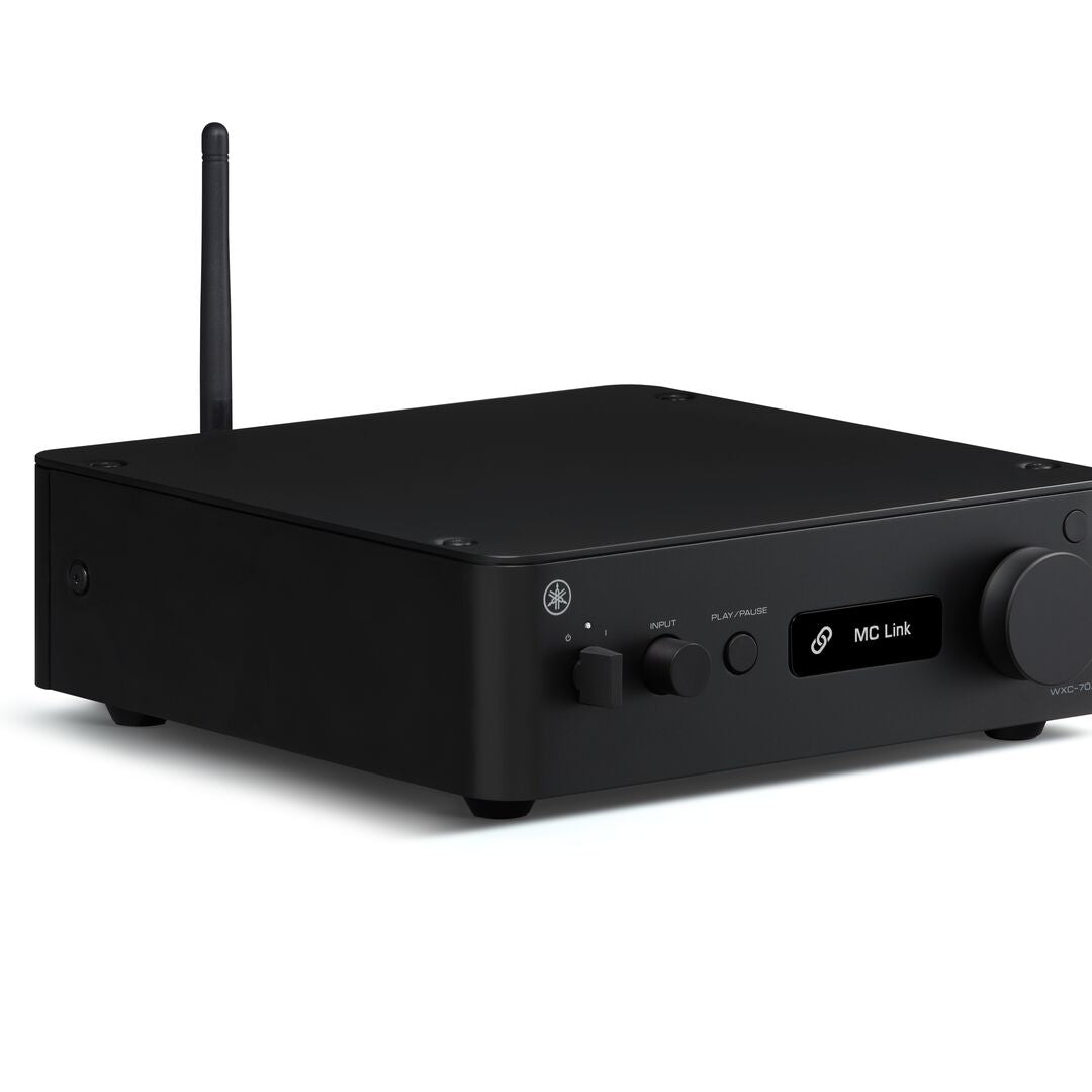 Front angle view of black Yamaha WXC-70A Streamer with antenna up, on a white background
