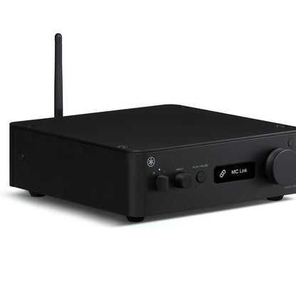 Front angle view of black Yamaha WXC-70A Streamer with antenna up, on a white background
