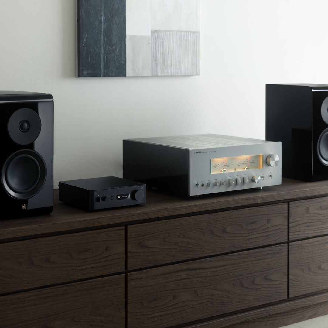 A silver and black audio receiver and amplifier system displayed on a dark wood media console, flanked by two black speakers against a light wall with abstract wall art.
