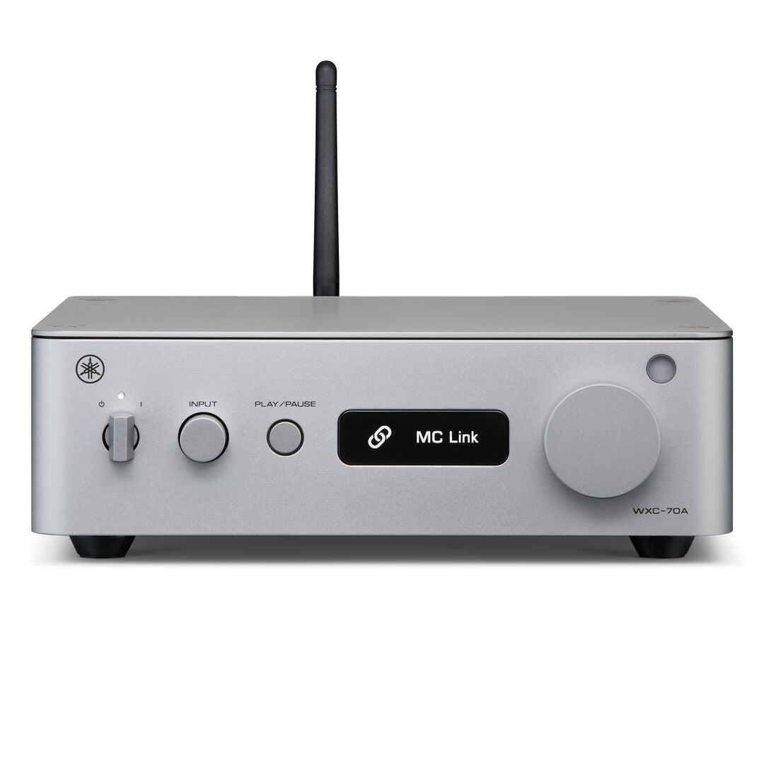 Front view of A Silver Yamaha WXC-70A Streamer with antenna up, on a white background