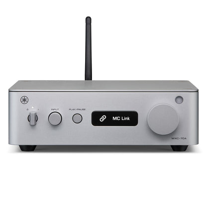 Front view of A Silver Yamaha WXC-70A Streamer with antenna up, on a white background