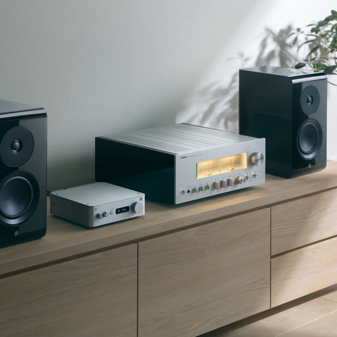 A high-end audio system featuring a silver and black receiver, a small silver amplifier, and two black speakers arranged on a light wood media console against a neutral wall.