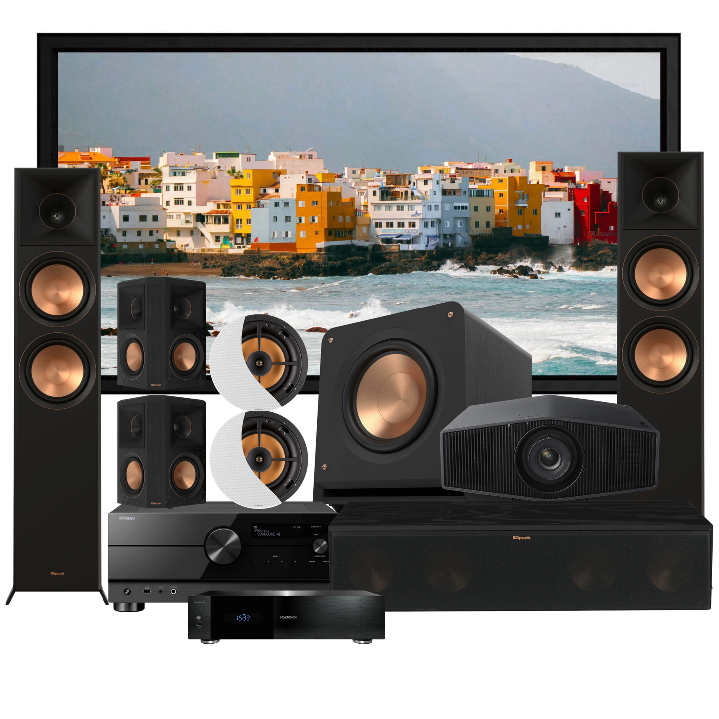 Home theater system with speakers and a receiver in front of a scenic display.