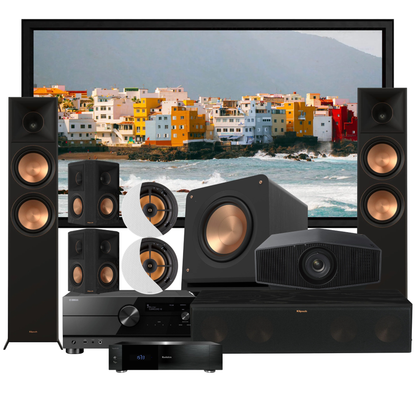 Home theater system with speakers and a receiver in front of a scenic display.