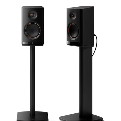 Black pair of Yamaha SPS-70A Speaker Stands with speakers on white background