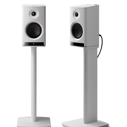 White pair of Yamaha SPS-70A Speaker Stands with speakers on white background