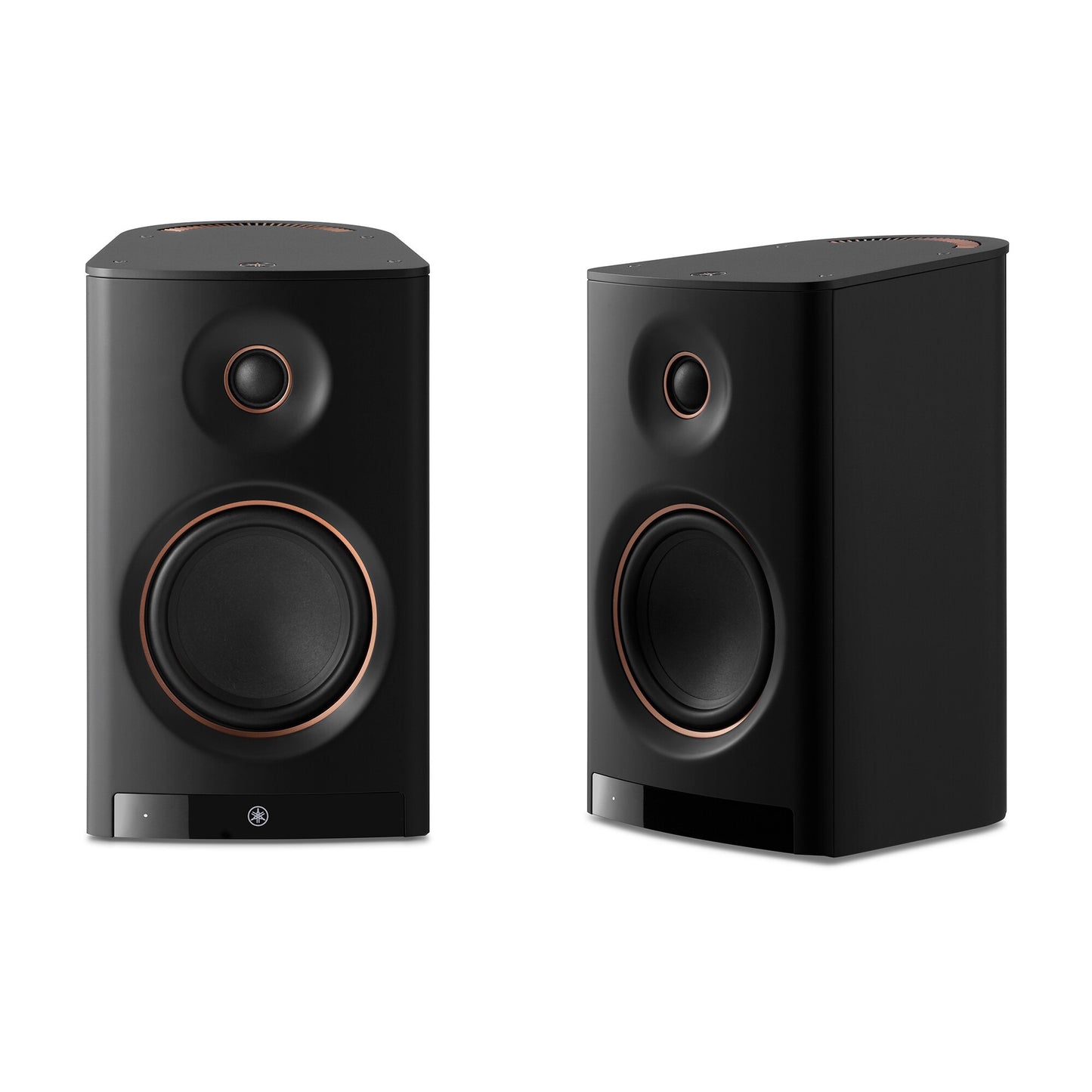 Pair of black Yamaha NX-70A Wireless Hi-Fi Speaker System on white background