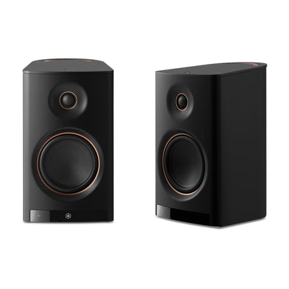 Pair of black Yamaha NX-70A Wireless Hi-Fi Speaker System on white background