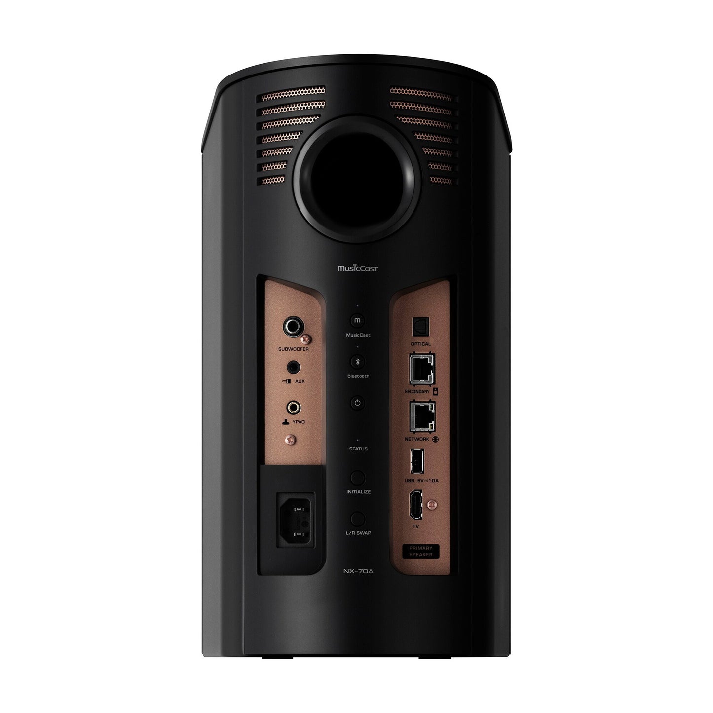 Back of black Yamaha NX-70A Wireless Speaker on white background