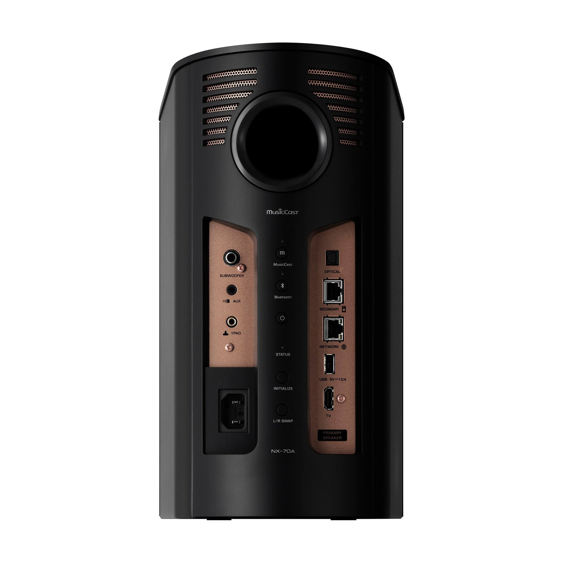 Back of black Yamaha NX-70A Wireless Speaker on white background