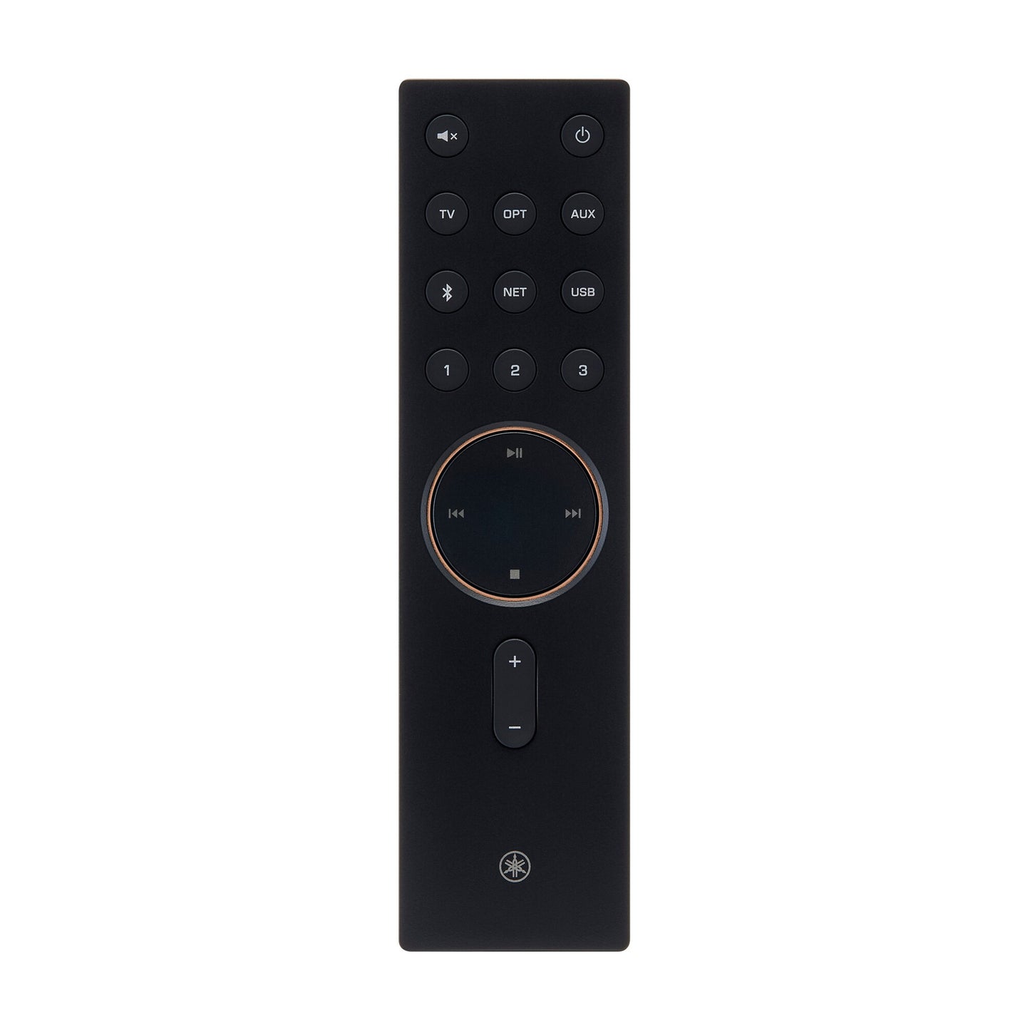 Black remote control with various buttons on a white background