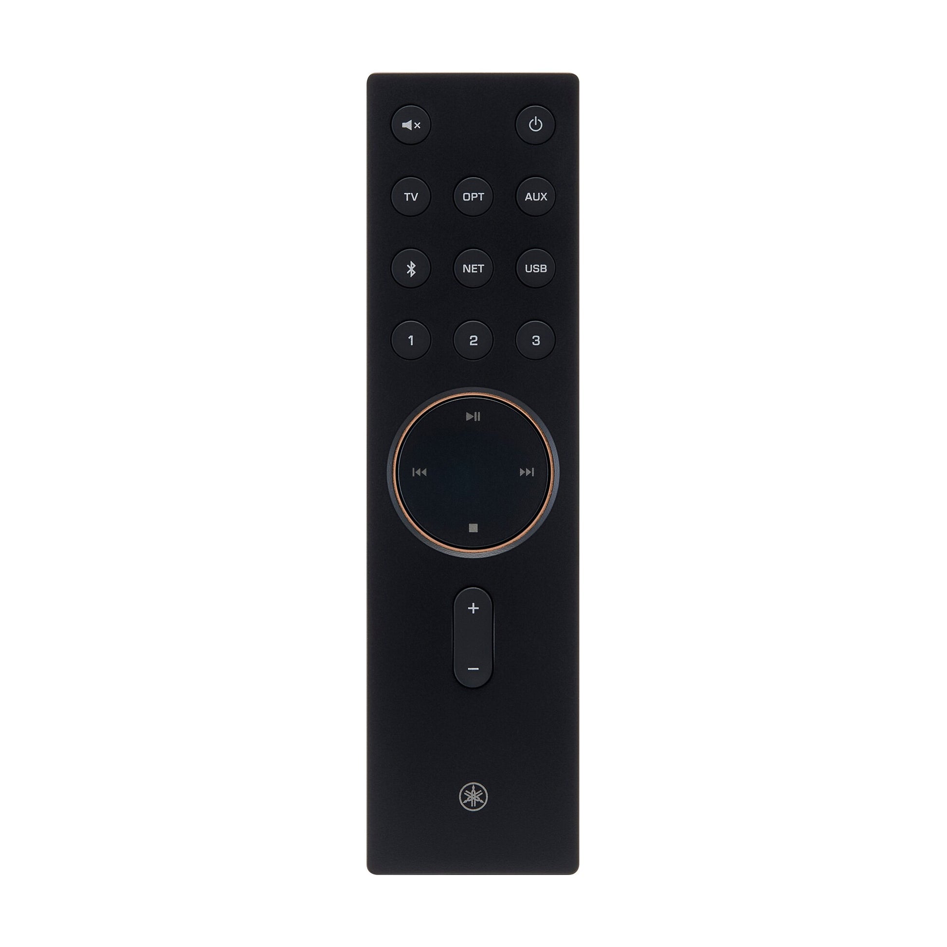 Black remote control with various buttons on a white background