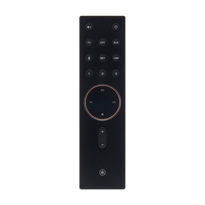 Black remote control with various buttons on a white background