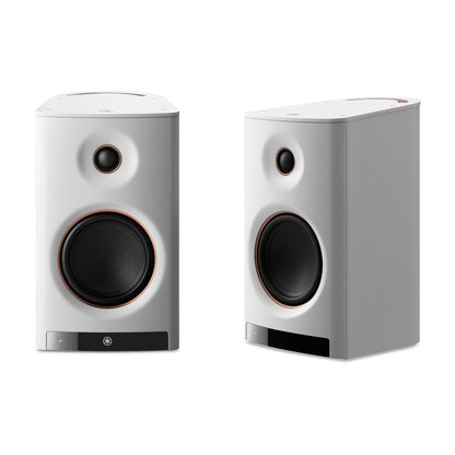 Pair of white Yamaha NX-70A Wireless Hi-Fi Speaker System on a white background