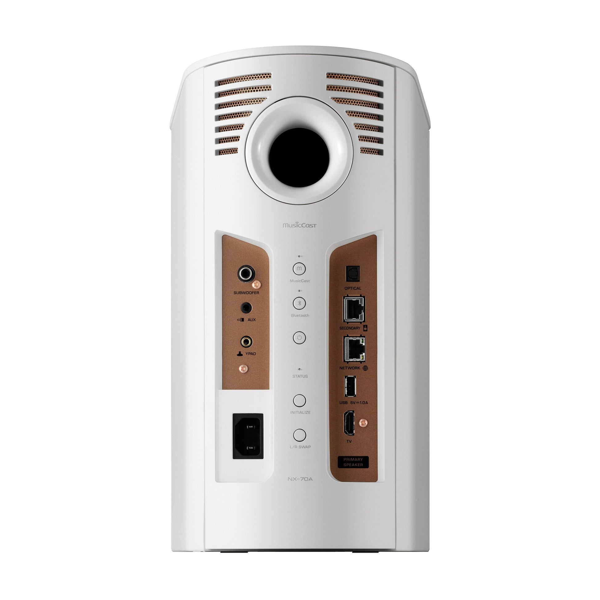 Back of white Yamaha NX-70A Wireless Speaker
