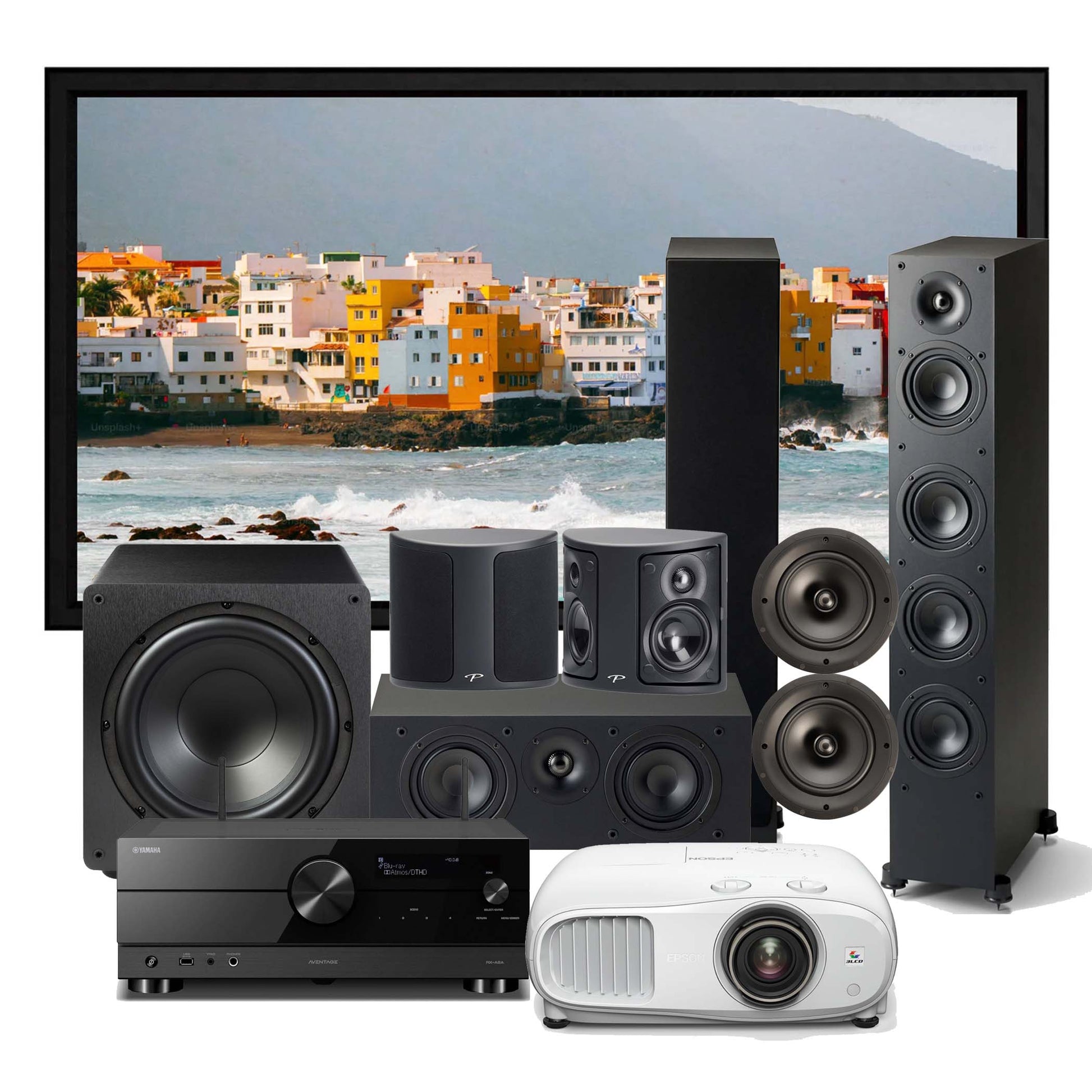 Home theater system with speakers, subwoofer, and projector on a white background