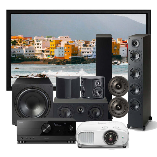 Home theater system with speakers, subwoofer, and projector on a white background