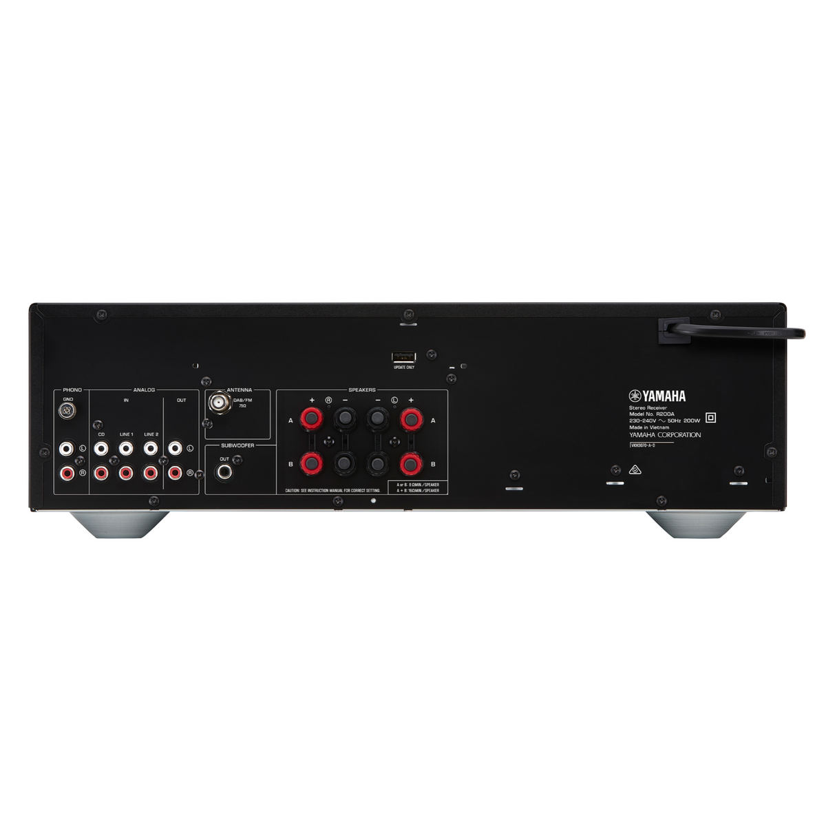 Rear panel of the Yamaha R200A Stereo Receiver on a white background