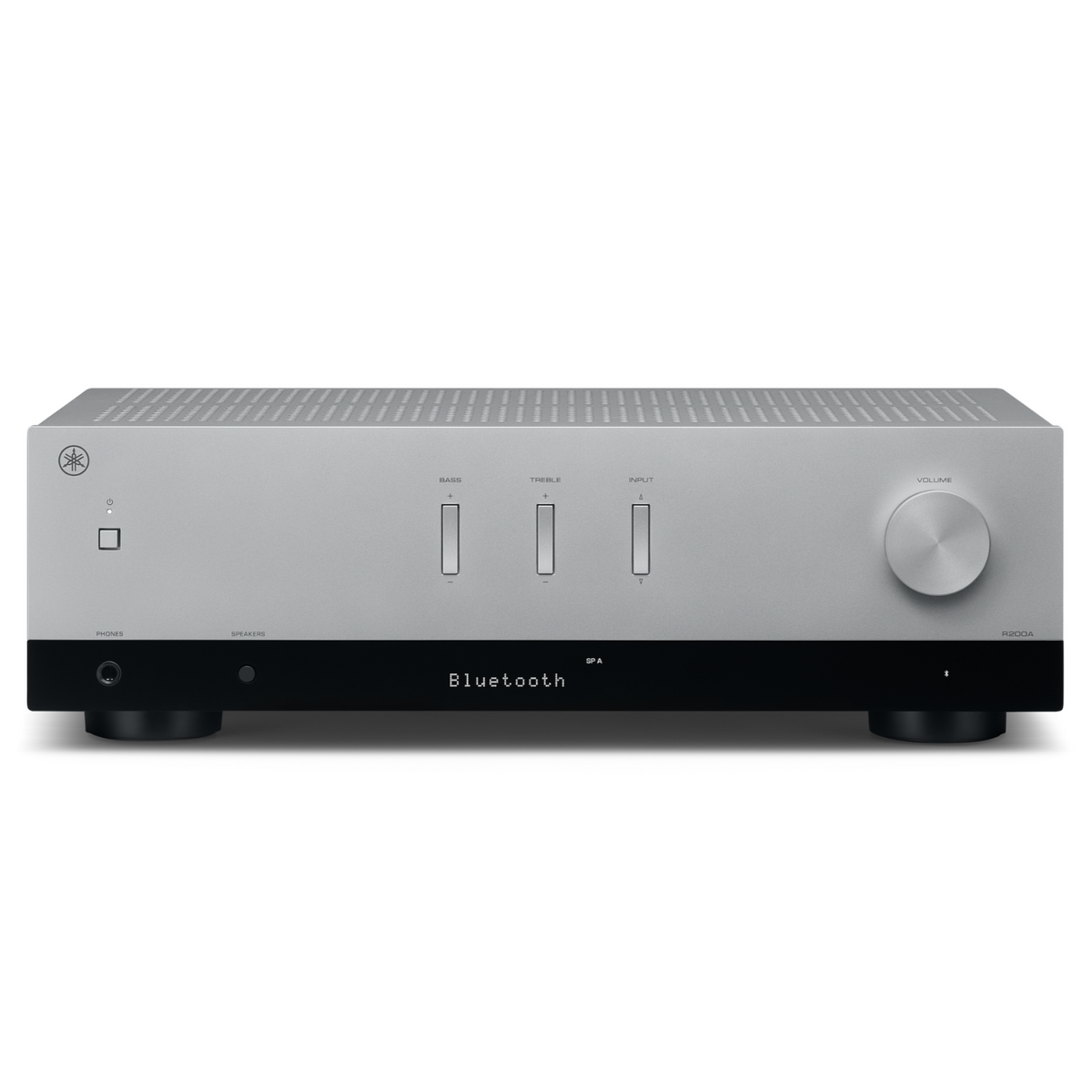 Front view of silver Yamaha R200A Stereo Receiver on a white background