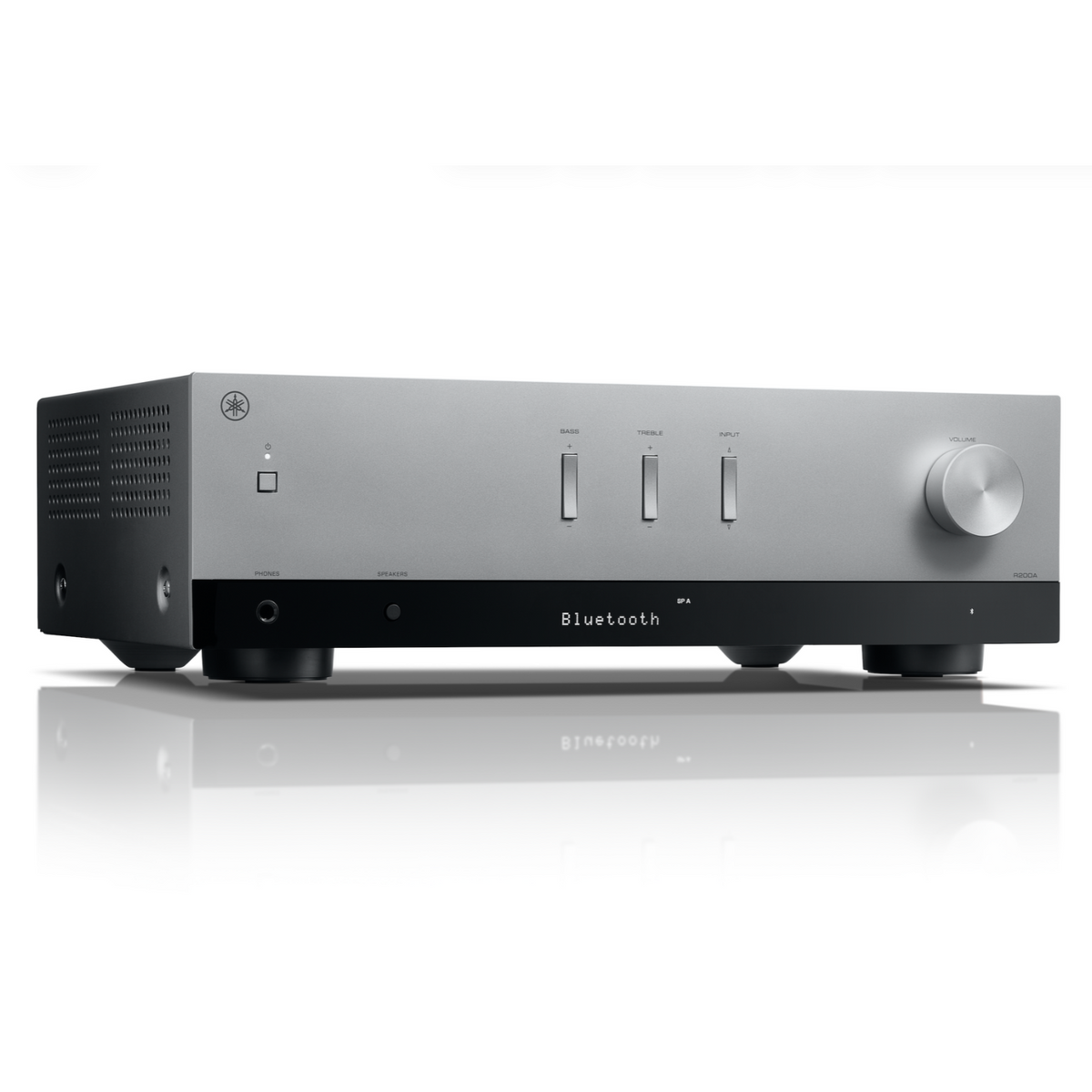 A silver Yamaha R200A Stereo Receiver on a white background