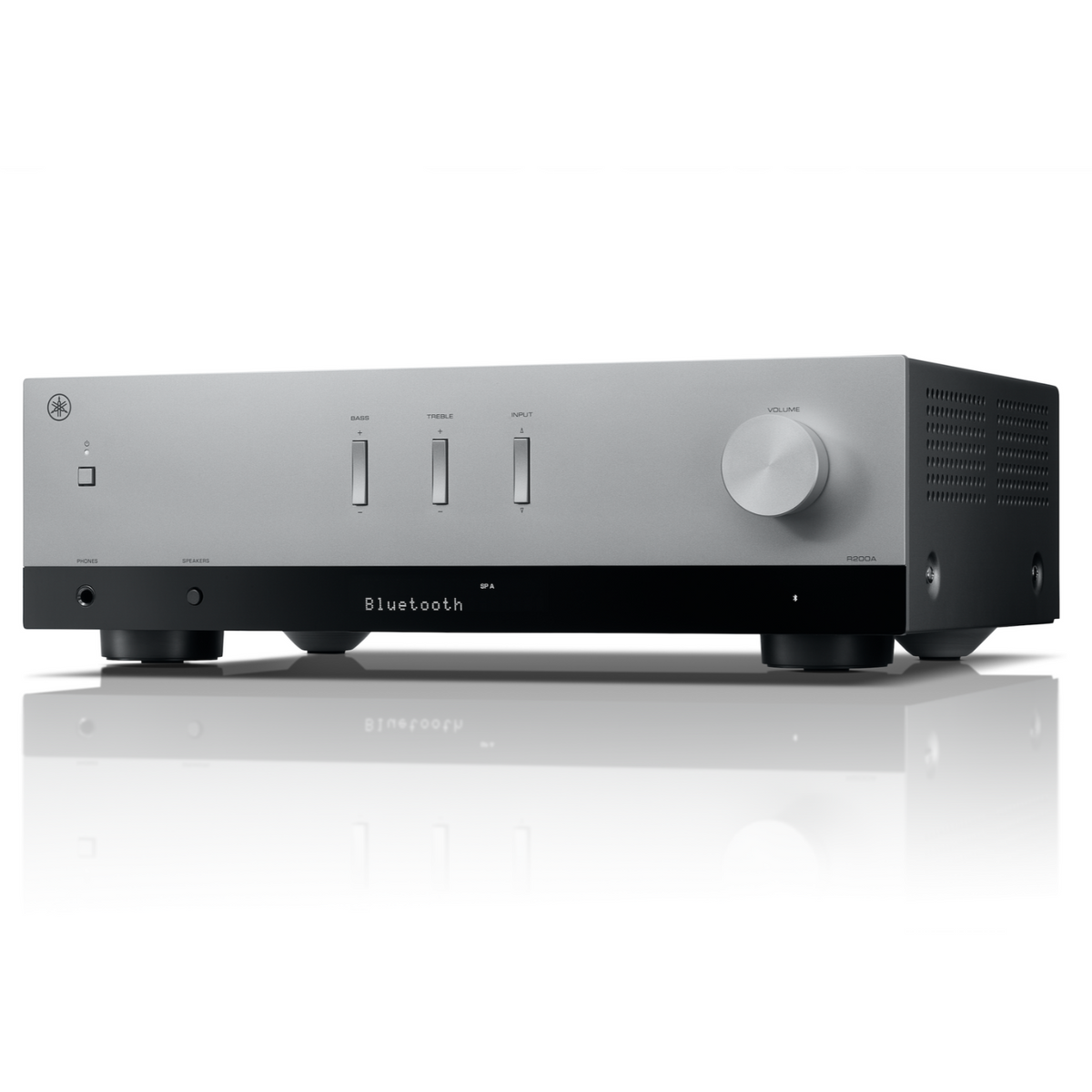 Front angle view of silver Yamaha R200A Stereo Receiver on a white background