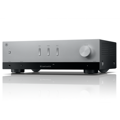 Front angle view of silver Yamaha R200A Stereo Receiver on a white background
