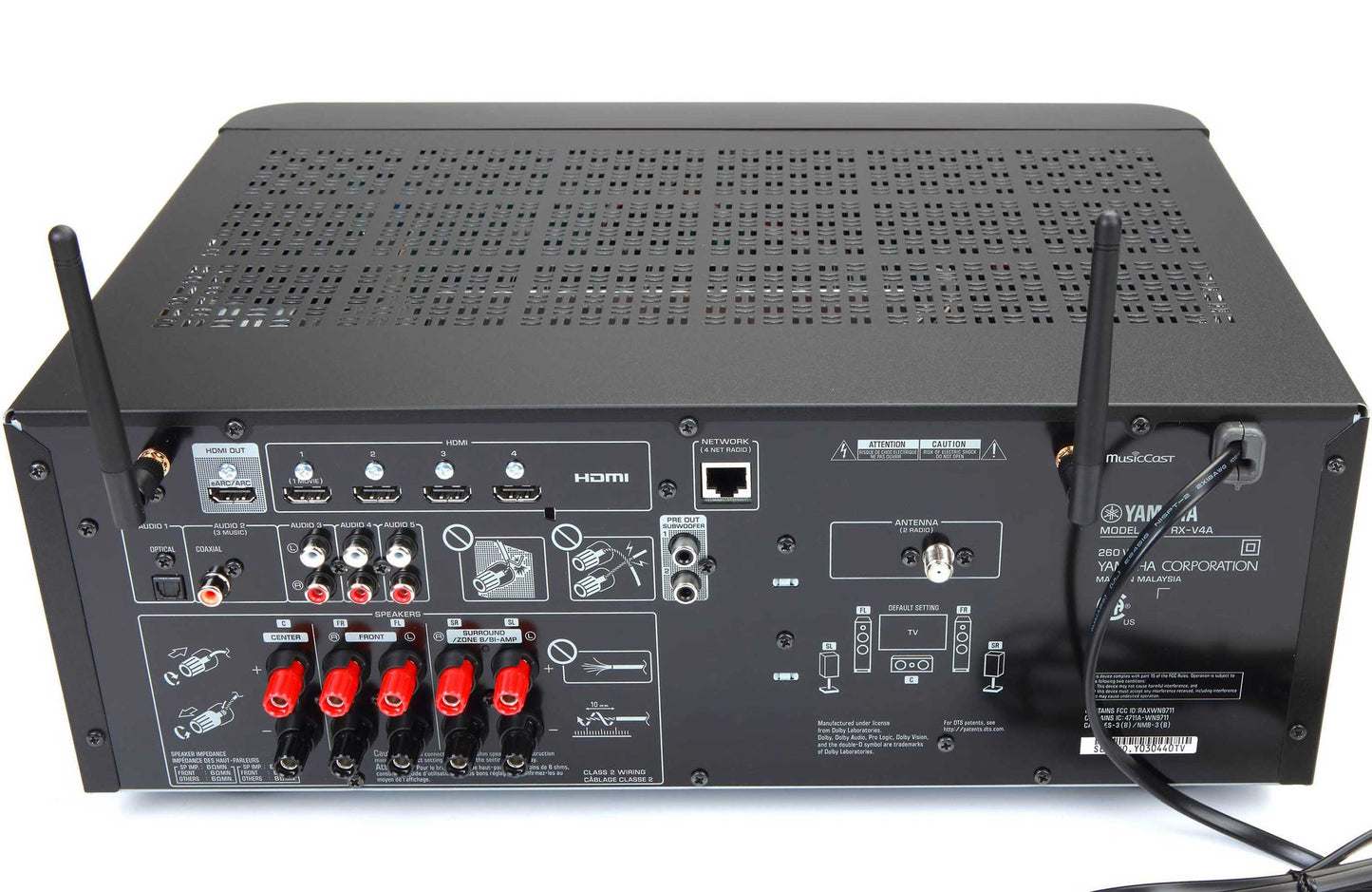 Yamaha RX-V4A 8K Home Theatre Receiver - Rear with antenna's raised